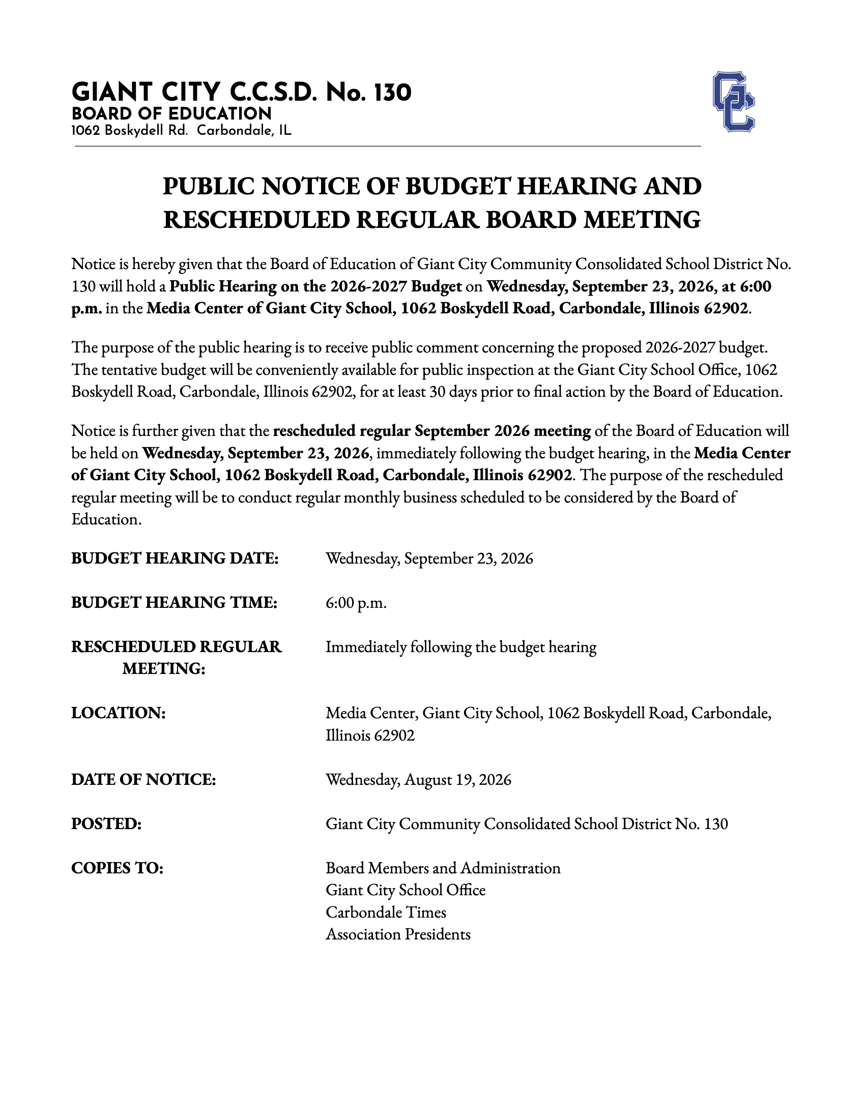 Public Notice of Budget Hearing/Rescheduled Regular Meeting